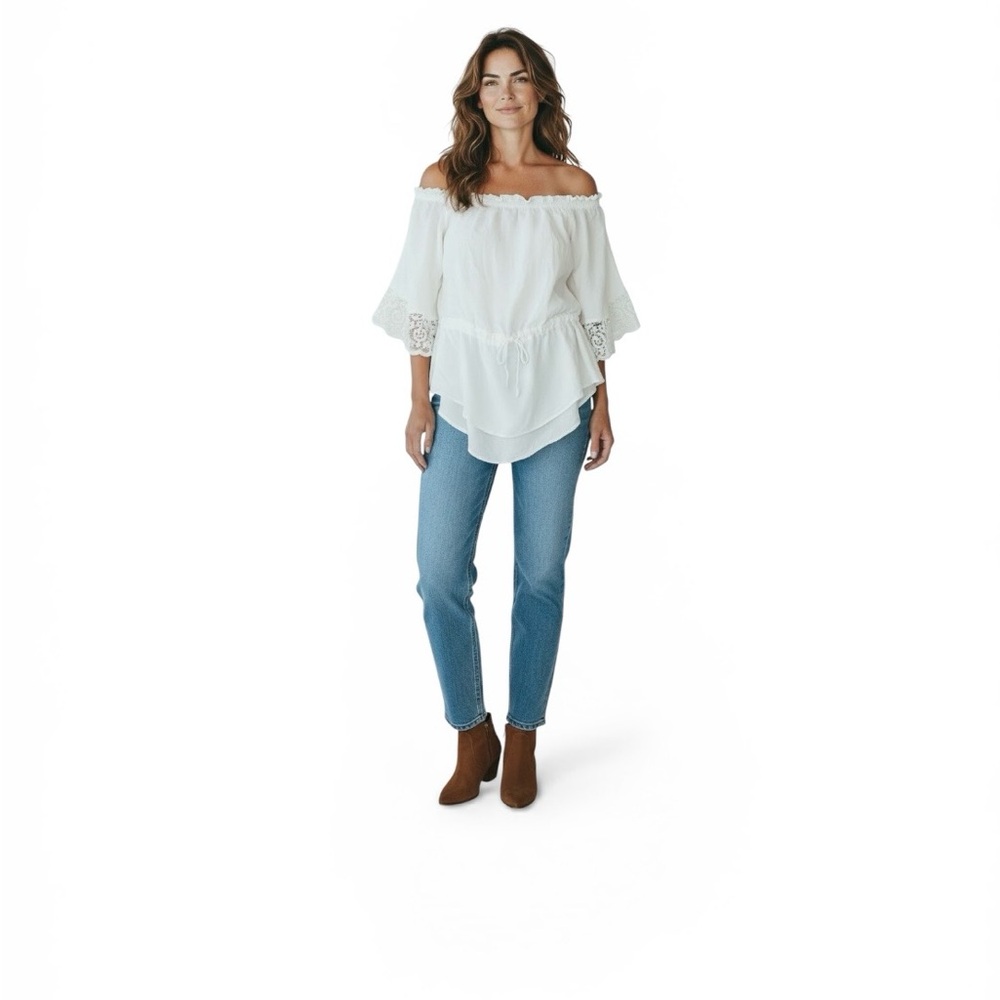 Off-Shoulder White Boho Peasant Top M